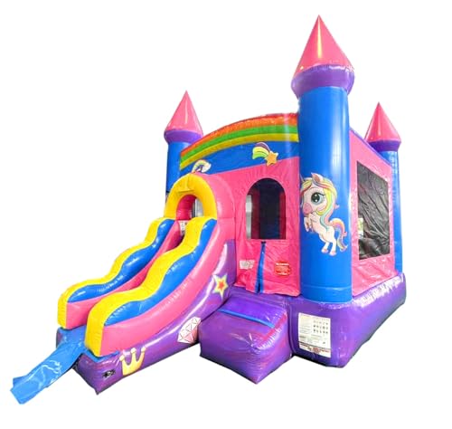 Inflatable Bounce House, Deluxe Pink Castle Combo Bouncer, 12 x 12 x 18 Foot, Outdoor Playhouse for Kids Outdoor Commerical Bouncer Castle with Water Slide, Blower, Stakes, & Storage Bag