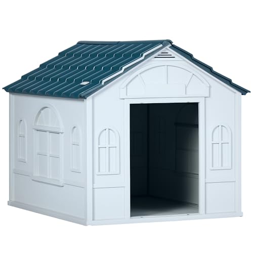 PawHut Caseta para Perros Medianos 65x75,7x63 cm, Casa para Perros con Patrón de Ventana, Techo de Tejas de Imitación, para Interior y Exterior, Azul Verdoso y Blanco