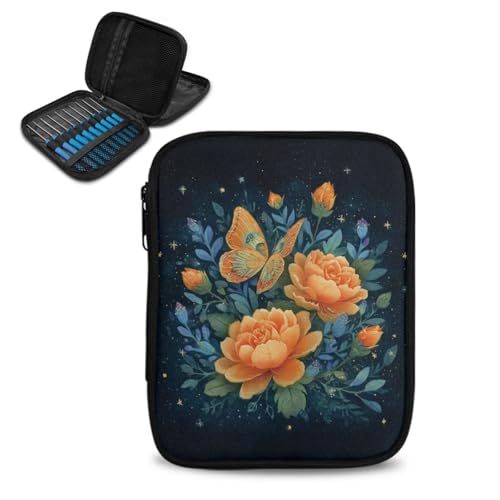 Image of Vanideaoty Yellow Butterfly Crochet Storage Organizer with Web Pockets Floral Knitting Needle Storage Holiday Portable Crochet Hook Case for Holiday Decor