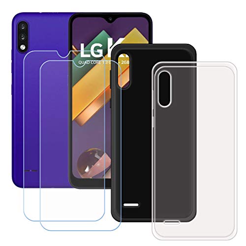 DQG Funda para LG K22 + 2 Piezas Vidrio Protector de Pantalla Cristal Templado Film, Transparente + Negro Suave TPU Silicona Cover Carcasa Caso Case para (6.20')