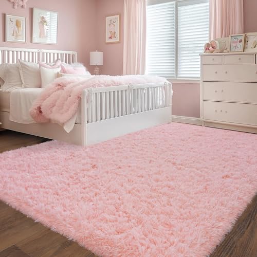 Image of Rezutan Ultra Soft Pink Rugs for Bedroom 6x9 Feet, Fluffy Shag Area Rugs for Living Room, Large Comfy Furry for Girls Kids Baby Room Decor Teenage Pastel Princess Rug, Non Slip Nursery Classroom