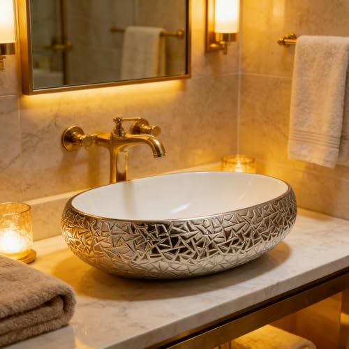 Image of Wallace Designer Oval Table Top Wash Basin 60x40x15 cm White Textured Finish | Premium Ceramic Countertop Vessel Sink | Luxury Over Counter Bathroom Basin