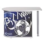 Bureau Informatique avec Table Pivotante à 360° et meuble de Rangement. Coloris Imitation Aluminium. 2 Niches Rideau uni ou imprimé. Une tablette coulissante. Table : Largeur 105 cm Hauteur 74.7 cm Profondeur 55 cm. Meuble de Rangement : Largeur 77 cm Hauteur 71,7 cm Profondeur 47 cm.