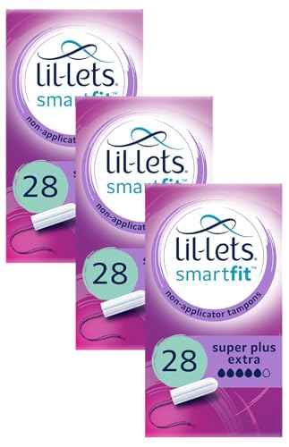 Lil-Lets Non-Applicator Super Plus Extra Tampons, 28 Count (3 Pack), for Very Heavy Flow, 5 Droplets, Plant-Based, SmartFit™ Non-App Tampon