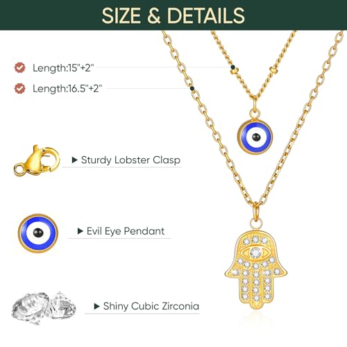 Women's Gold Evil Eye Necklace - 14K Gold Plated Hamsa Choker Necklaces,Trendy Non Tarnish Golden Layered Evil Eye Charm Protection Necklace,Lucky Amulet Spiritual Jewelry Gift for Girlfriend Wife — view 4