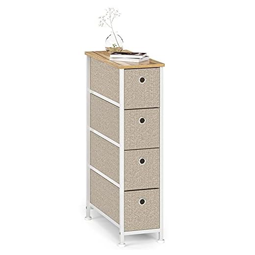 Byrå smalt skåp med 4 lådor av tyg smala skåp platsbesparande metall för kök vardagsrum sovrum stål trä vit beige