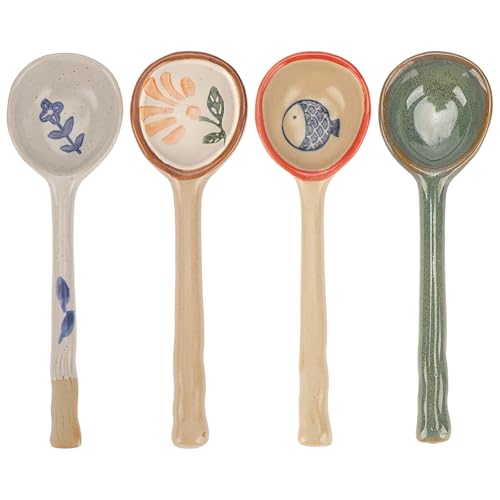 JANKOW 4 Pack Japanese Ceramic Soup Spoons, Long Handle Japanese Round Soup Spoon, Hand-Painted Porcelain Soup Spoons for Ramen Wonton Noodles Miso Dumplings