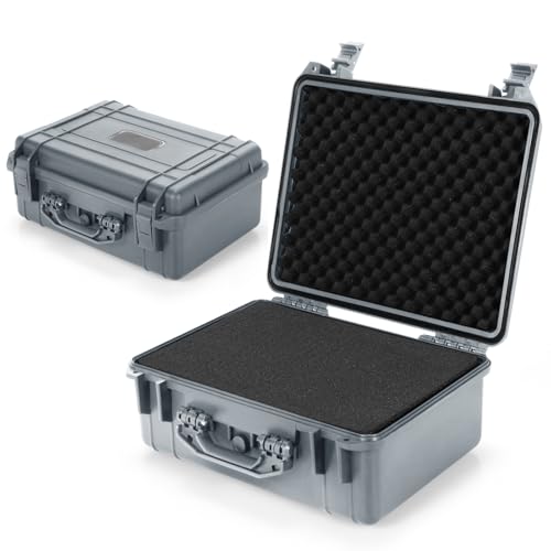 TANGZON Waterproof Protective Hard Case, Shockproof Camera Case with Customizable Foam Insert and Dual Padlock Holes, Flight Case Tool Box for Pistol, Drone & Equipment (Grey, 34 x 31 x 16cm)