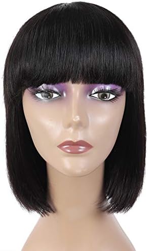 VRBest Human Hair Wigs with Bangs Brazilian Straight Short BoB Wigs None Lace Front Wigs Human Hair Glueless Machine Made Bob Wigs for Black Women Natural Black Color 6 Inch