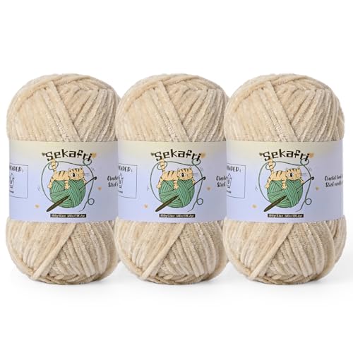 Image of 3 Pack of 300g (590yds) Fuzzy Chenille Yarn for Crocheting,Fluffy Amigurumi Crochet Yarn for DIY Craft /Hat /Clothes, Soft Velvet Baby Blanket Yarns(3 Beige)