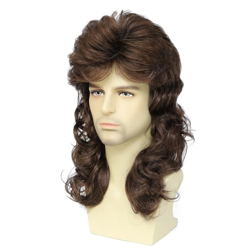 Image of 70s /80s Brown Mullet Wig, Unisex Retro Curly Mullet Wig for Halloween, Cosplay, 80s Themed Parties Costumes (Medium Brown)