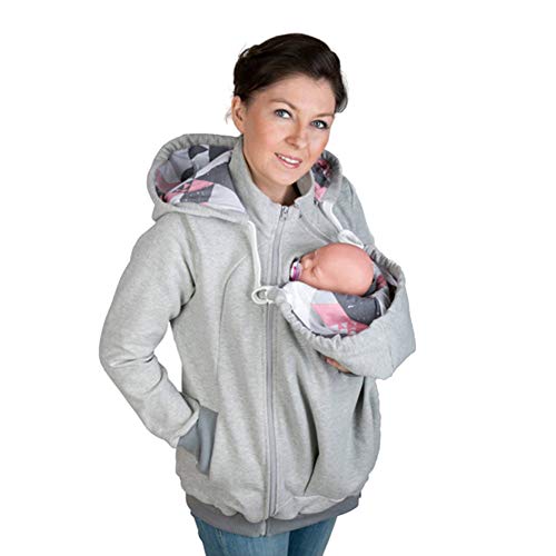 Mujeres maternidad bolsa de bebé portador rayas sudadera con capucha canguro cremallera embarazo abrigo de manga larga guarderías otoño invierno sudadera-gris-M