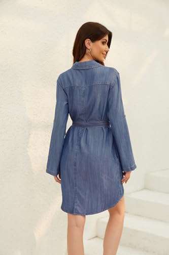 utcoco Women's Casual Button Down Jean Shirt Dress Long Sleeve Tie Waist Lightweight Denim Shirt Dress4