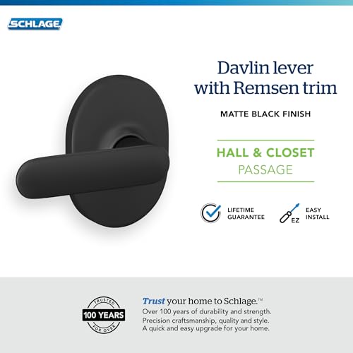 Schlage F10 DAV 622 RMN Davlin Door Lever with Remsen Trim, Hall & Closet Passage Lock, Matte Black by SCHLAGE - Image 5