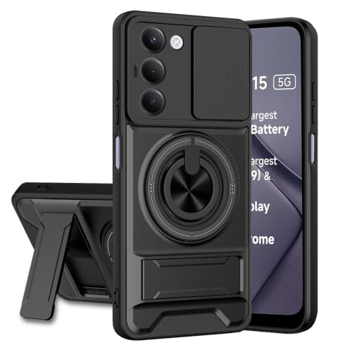 Image of Redmi 15 5G Back Cover | Armor Camera Slider 360 Degree Rotating Finger Ring Holder Case with Bracket Stand Back Case Cover (Compatible with MagSafe Accessories) (Black)