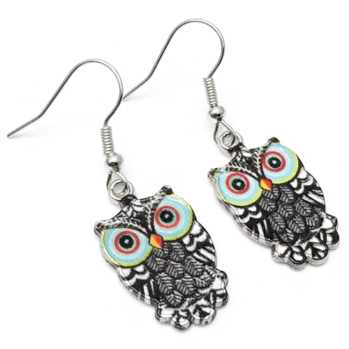 Image of Owl Enamel Charm Earrings, Cute Colourful Charms on Nickel Free Silver Hooks : 40mm long, Gift for Bird Lover, Black and Green Owl Earrings for Women