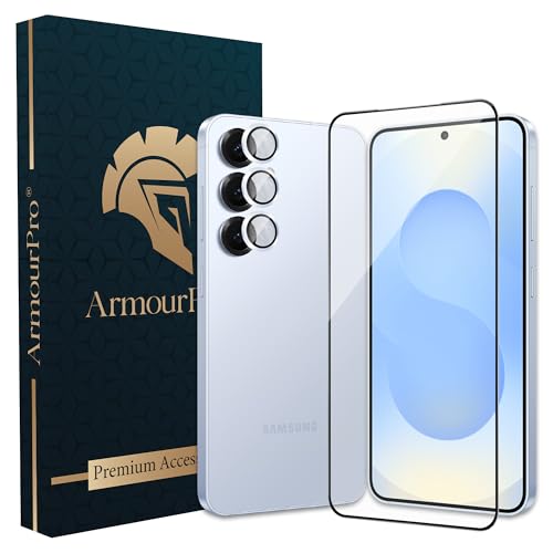 Image of ArmourPro Military-Grade Tempered Glass Compatible with Samsung Galaxy S25 5G (6.2 Inch) with Blue Camera Ring Protector & Installation Kit | Edge to Edge Coverage