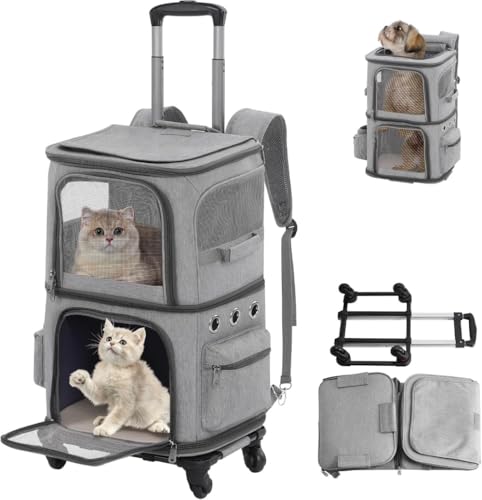 悠嵐商事 猫 2 匹 キャリー リュック キャスター付き 小型 犬 キャリー カート 2段式 ペット ネコ の トロリーバッグ 大容量 通気性 旅行/通院/交通機関/災害避難用 グレー XL