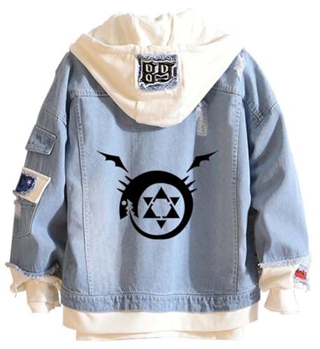 Adult Edward Elric Costume Fullmetal Alchemist Cosplay Hoodies Halloween Couples Hooded Denim Coat Jacket (Blue 3 Medium)