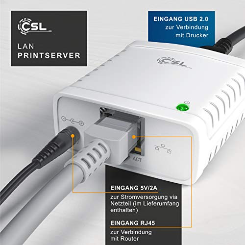 CSL - LAN Printserver Druckerserver - Fast Ethernet - USB2.0 High Speed - LRP Print Server für Windows – Netzwerk USB zu RJ45 - DHCP fähig, TCP/IP – inkl. Netzteil und Ethernetkabel – Neues Modell