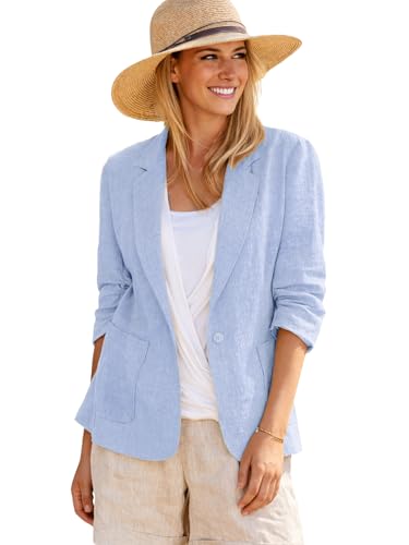 Mina Self 2024 Summer Linen Blazer Women 3/4 Stretchy Ruched Sleeve Fully Lined Lightweight Breathable Casual Work Jacket, Light Blue, Small