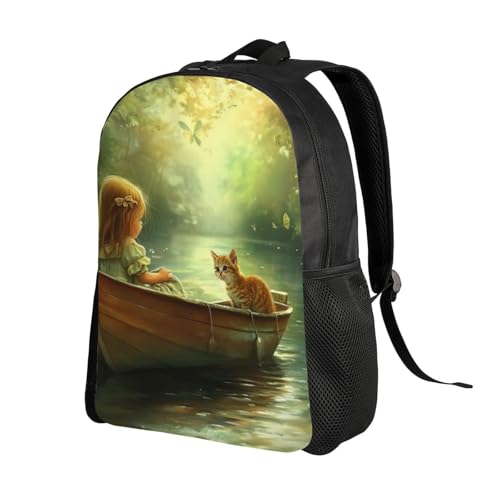 High Capacity A Little Girl in Boat with Cute Cat Backpack Large Multipurpose Bag Double Zipper Backpack Unisex 16 Inch2