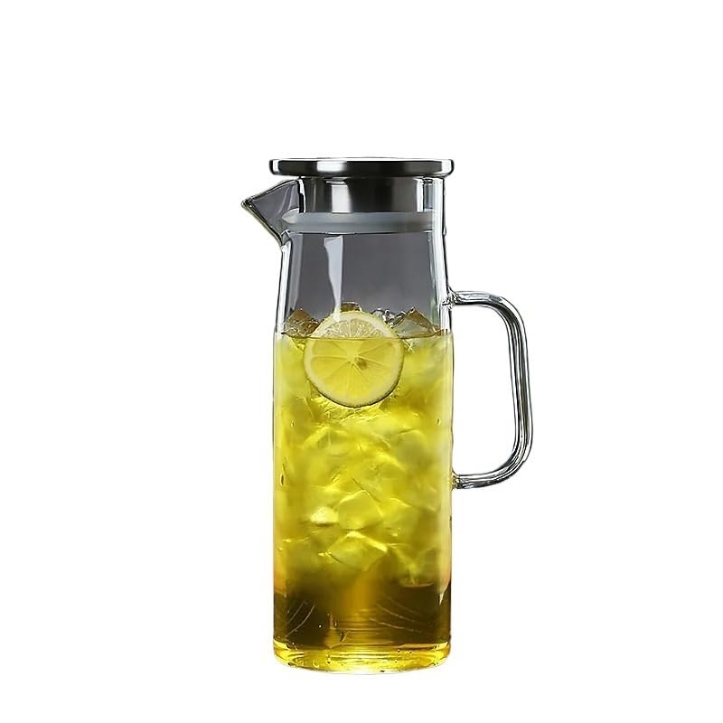 Caraffa Acqua Jarra de vidrio con tapa, jarra de agua con tapa de acero inoxidable, tetera for agua caliente/fría, té helado y bebidas de jugo Bevande Fatte in Casa(1.5L)