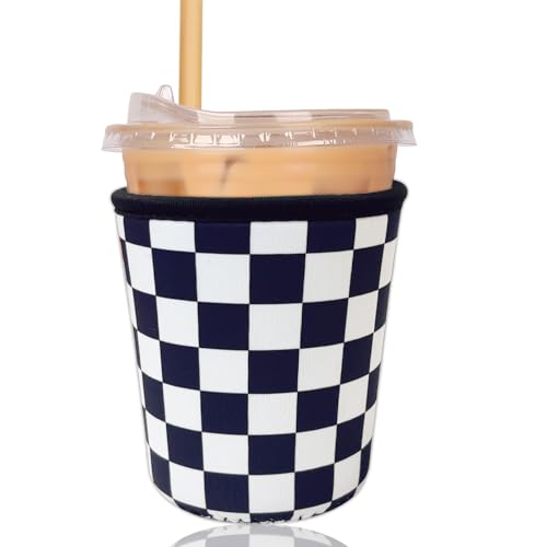 Image of Reusable Insulated Sleeve for Iced Coffee Cup, Coffee Neoprene Sleeve for Cold & Hot Drinks, Beverage Holder for Iced Coffee (Checker Grid, Small: 16-18oz)
