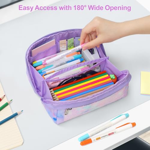 Image of Large Pencil Case for Girls, Aesthetic Pencil Pouch for School, Wide Opening Organizer Box with Handle, Fits 50 Pens & Markers (Glitter Purple Tie-Die)