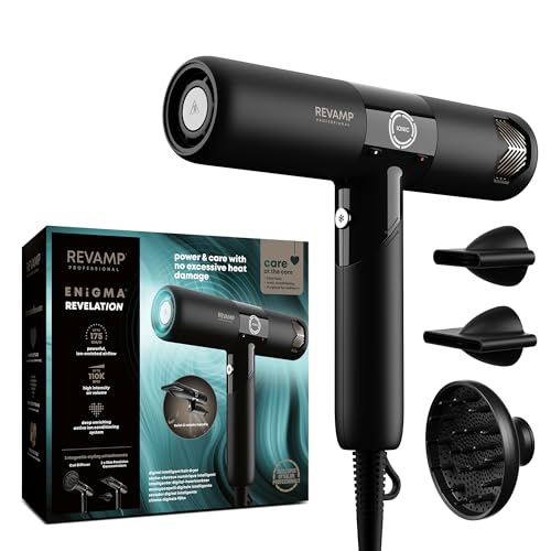 REVAMP Enigma Revelation Ionic Portable Hair Dryer, Brushless Motor for Quiet, Powerful, Fast Drying - Lightweight Blow Dryer, Cold Setting - 3 Magnetic Attachments for Salon Professional Styling