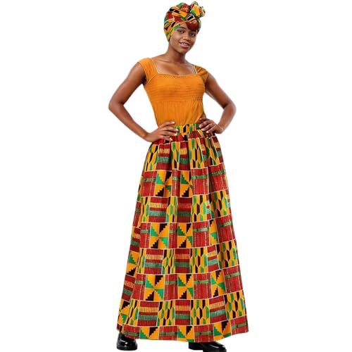 TniEWFBHSD Falda Larga de Cintura Alta para Mujer con pañuelo a Juego, Estampado Ankara Africano, Conjunto étnico Veraniego, Elegante y cómodo. (Naranja, M)