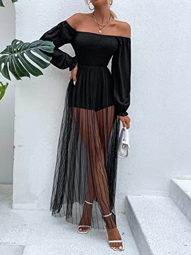 Wdirara Women's Off Shoulder Jumpsuit Shirred Mesh Hem Flounce Sleeve Short Romper Black L #TOP2