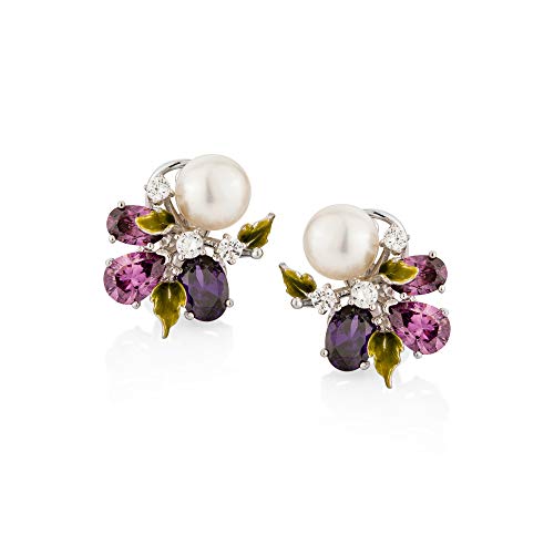 Anthia Jewelry Womens Girls Sterling Silver Sparkling Multicolor Cubic Zirconia Gemstone Floral Flower White Imitation Pearl Cute Fashion Jewelry Accessory French Back Stud Earrings, Purple & Pink #TOP24