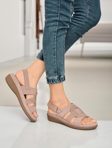 Image of Moshun Women's Criss Cross Matte Finish Flat Sandals | Comfortable Orthopedic Diabetic-Friendly Memory Foam Footbed | Anti-Skid TPR Sole Casual Slip-On Flats for Ladies Dailywear Comfort