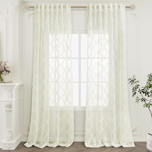 Hokibero Cream Boho Sheer Curtains 90 Inches Long 2 Panels