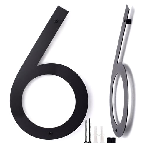 SKLK-SEL 12 Inch House Numbers for Outside, Metal Modern Floating House Numbers, Garden Door Number with Nail Kit, Visibility Signage (Black 6)