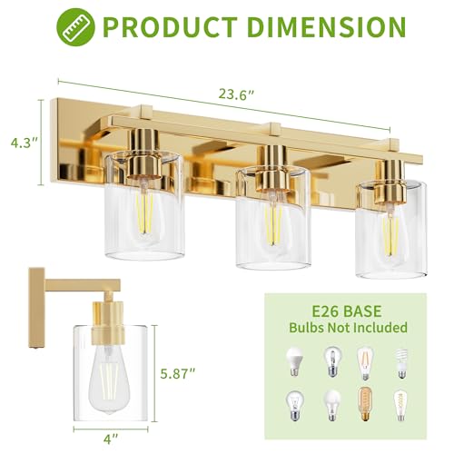 Image of Bathroom Vanity Light, 3 Light Gold Light Fixture with Thickened Clear Glass Shade, 21 inch Modern Wall Sconce,Vanity Light Over Mirror for Bathroom