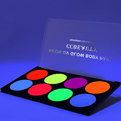 Ccbeauty Large Uv Glow Face Body Paint Palette, 8 Neon Glow In Blacklights Painting Kit, Water Activated Eyeliner, Safe Washable For Kids Adult, Halloween Costume Masquerades Club Makeup + 10 Brushes #TOP1