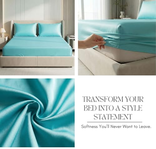 Image of SanMarino Luxury Satin 360 Fitted King Size Bedsheet with 2 Pillow Covers | 300 TC Silky Smooth Satin Bed Sheet | Wrinkle-Resistant Deep Pocket Elasticated Bedsheet | 78 x 72 + 10 Inches (Aqua Blue)