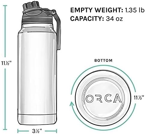 Miniatura 4 de ORCA Hydra - Botella de agua aislada de acero inoxidable 188 de 34 onzas, botella deportiva con tapa de rosca, recubrimiento en polvo, con agarre de