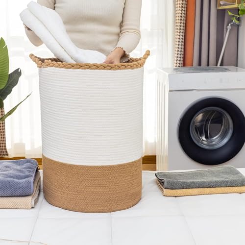 Image of ALBY Woven,Tall Wicker Laundry Basket for Blankets,Clothes,Pillows,Toys,Shoes Large Cotton Laundry Hamper for Bedroom Living Room Bathroom Nursery (72L /Extra Large16 inchD x 22 inchH, WhiteA)