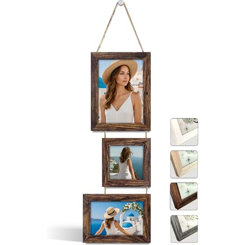 NEOWS Marcos de Fotos Multiples Con Cuerda Diferentes Tamaños 3 Fotos: 13x18,10x10,10x15 cm - Portafotos Múltiple Decorativo de Madera para Colgar - Collage Portarretratos Colgante (Madera Envejecida)