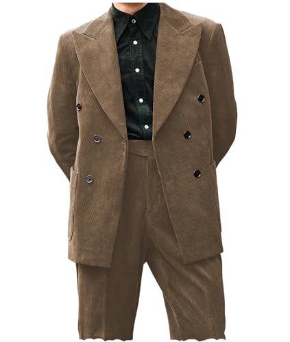 Men's 2 Piece Corduroy Suit Double-Breasted Peak Lapel Party Prom Wedding Tuxedo Blazer Pants Sets