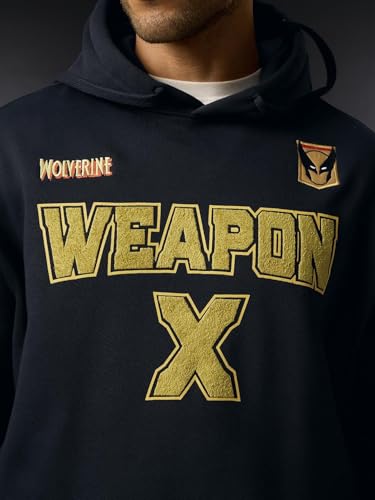 Image of The Souled Store Wolverine: Weapon X Men and Boys Full Sleeves Hooded Neck Navy Blue Embroidered Cotton Blend Drop Shoulder Streetwear Trendy Pullover Oversized Fit Hoodie