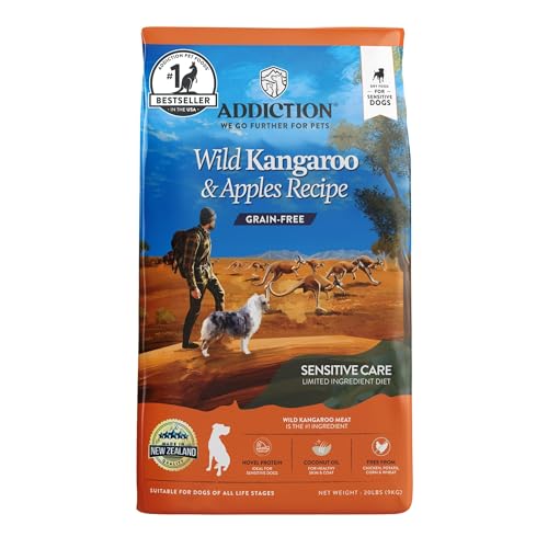 Addiction Wild Kangaroo & Apples Dry Dog Food - Limited Ingredient, Novel Protein for Dogs with Allergies, Grain-Free - Support Muscle Development & Manage Weight - Made in New Zealand 20lb