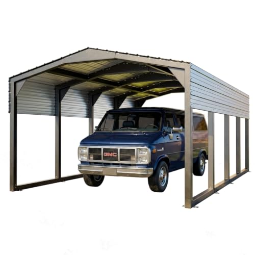 Image of Military-Grade Metal Carport 12x20 FT, Heavy- Duty Galvanized Steel Roof | 2x2 inch Steel Poles with Powder Coating, 17-Gauge Walls,100 PSF Snow Load Roof, Hurricane Resistant, Pickup, Truck, Ash Gray