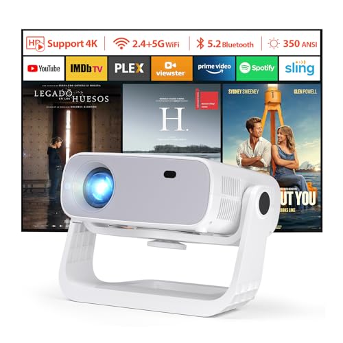 Image of Wielio Smart Projector with WiFi 6 and Bluetooth Built-in Apps - 4K Support Portable Mini Projector Native 1080P , 2025 New Auto Keystone & Zoom Home Theater Cinema Movie Proyector, 120° Stand, Grey