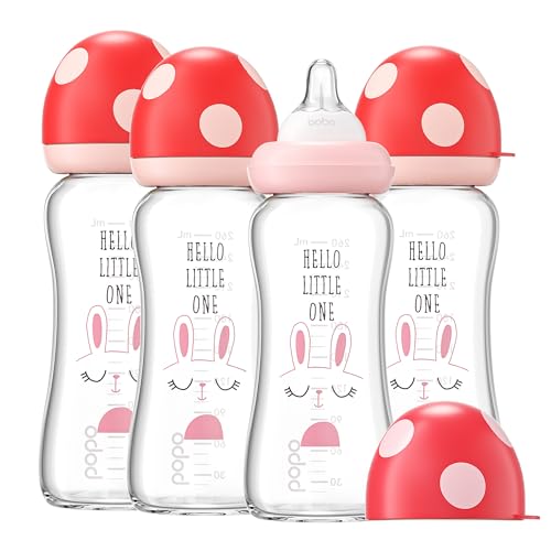 Image of YOHKOH Natural Glass Baby Bottle with Natural Response Nipple, Newborn Anti-Colic Baby Bottles, Wide Neck Mushroom Cap Baby Bottle, Clear (8.8ounce (Pack of 4), Red1)