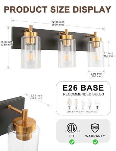 Image of DORESshop 3-Light Black and Gold Bathroom Light Fixtures with Straight Glass Shades, Bathroom Lighting Fixtures Over Mirrors, Modern Wall Sconce Lighting Vanity Light for Bathroom Living Room