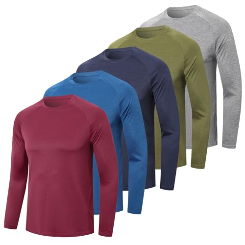 ZENGVEE 4/5 Pack Men's Long Sleeve T-Shirt Quick Dry Running Sport Gym T Shirts Outdoor Active Athletic Performance Crew Long Sleeve Top,1610-Gray Green Navy Blue Red-XL